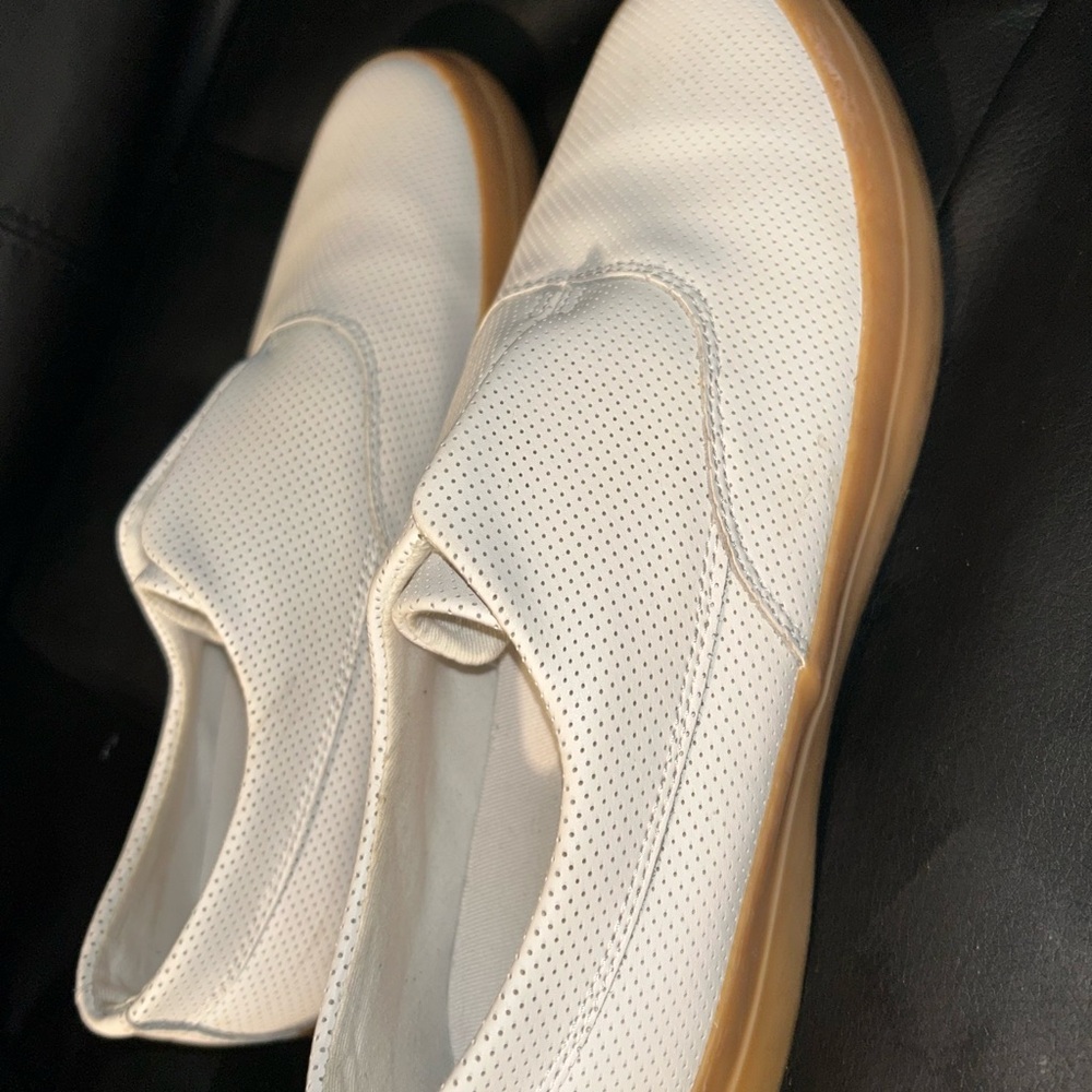 White and Tan Slip-On Loafers with Textured Fabric